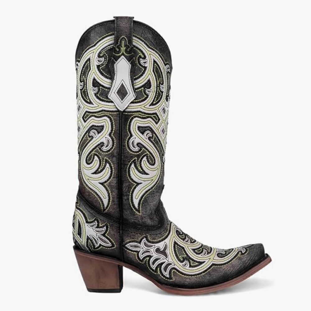 Corral Leather Green/Gray Embroidered Overlay Western Pull On Boots(Size 8.5)